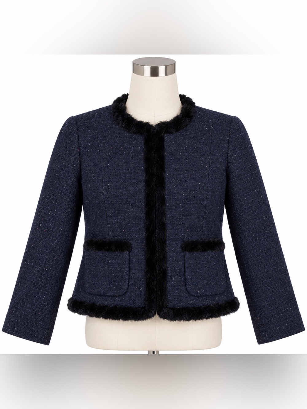 Talbots Jacket‎ Womens 12 Blue Wool Tweed Faux Fur Trim Collarless Lined Short